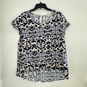 Rachel Zoe Womens Shirt 1X Linen Blend‎ S/S Coastal Blue Paisley Beach Coastal